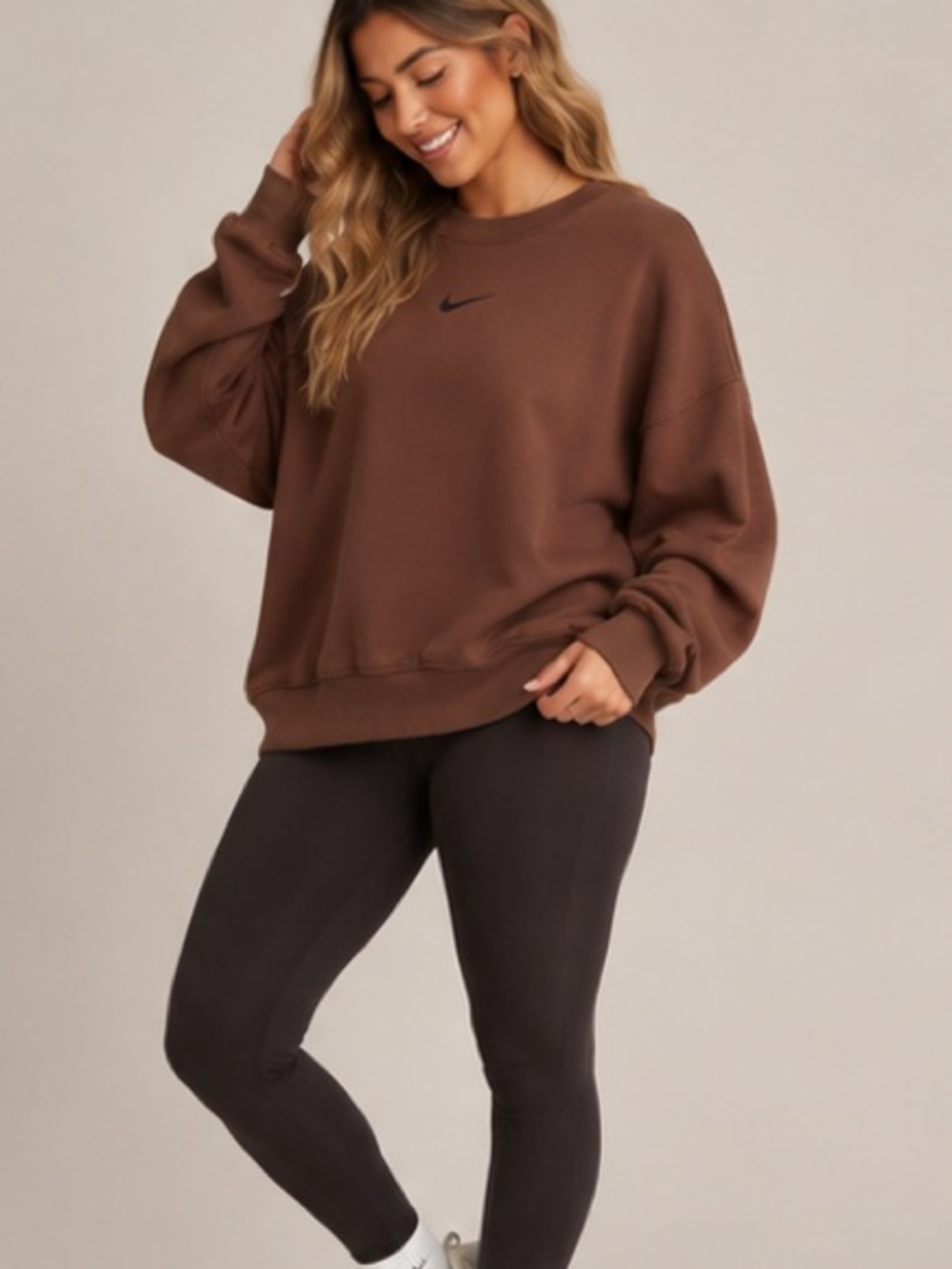 Nike Brown Oversized Crewneck Sweatshirt with Black Swoosh